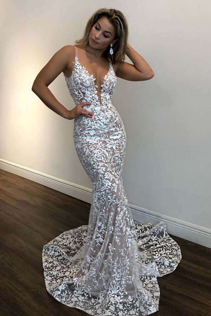 Deep V Neck Mermaid Champagne Lace Prom Dress, Mermaid Champagne Formal Dress cg16398
