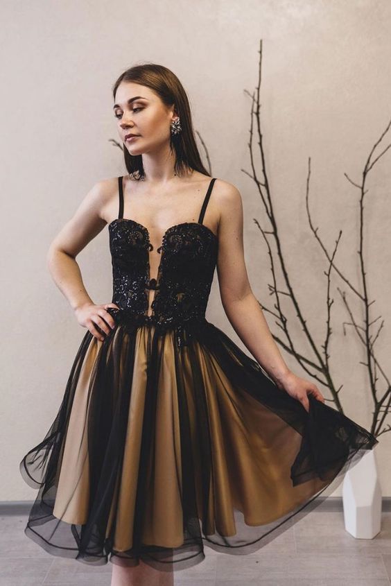Black lace tulle short homecoming dress cg16400