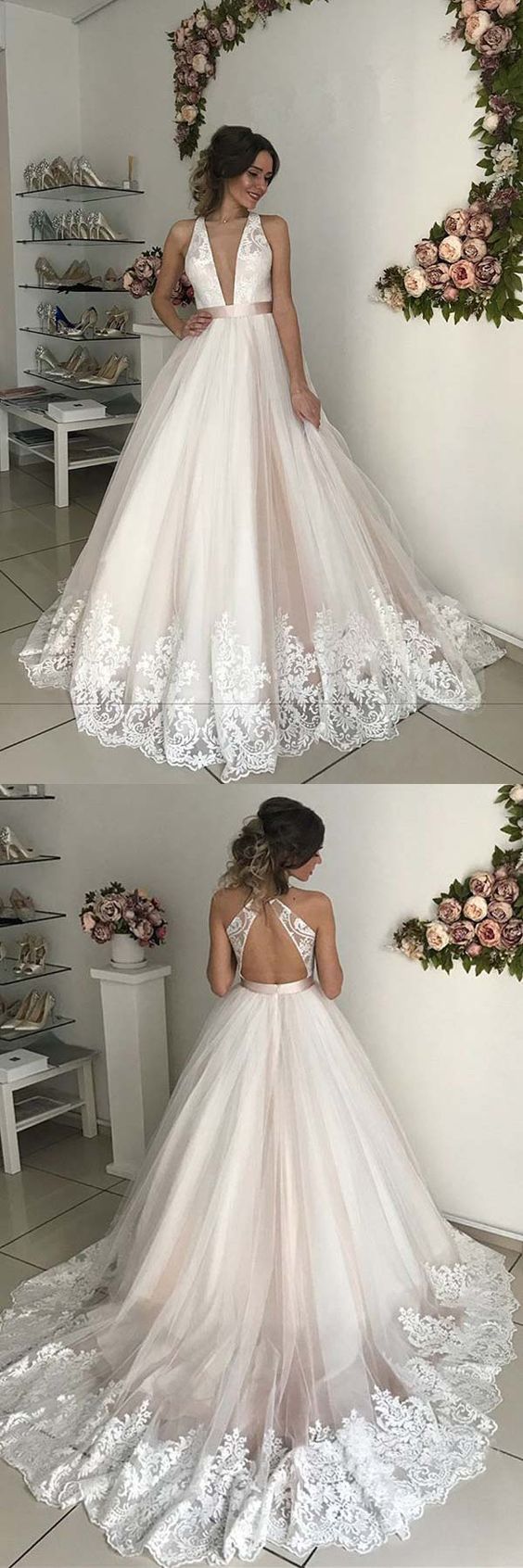 Open Back Plunge V neck Tulle Fall Wedding Dress Ball Gown with Lace Prom Dress evening dress cg16407