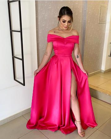 LONG SEXY PROM GOWNS SPLIT SATIN OFF THE SHOULDER cg16413