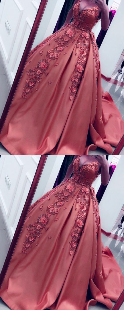 Peach Wedding Dresses Satin V-neck Ball Gowns Lace Flowers Embroidery prom dresses 2021 cg16415