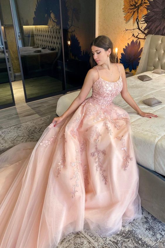 priness blush pink long prom dress with spaghetti straps and lace up appliques cg16425