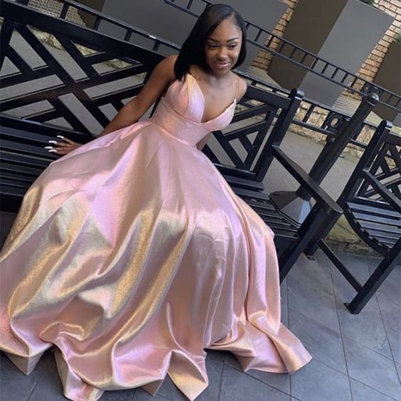 Spaghetti Straps Long Prom Dresses, Deep V-neck A-line Prom Dresses cg16426