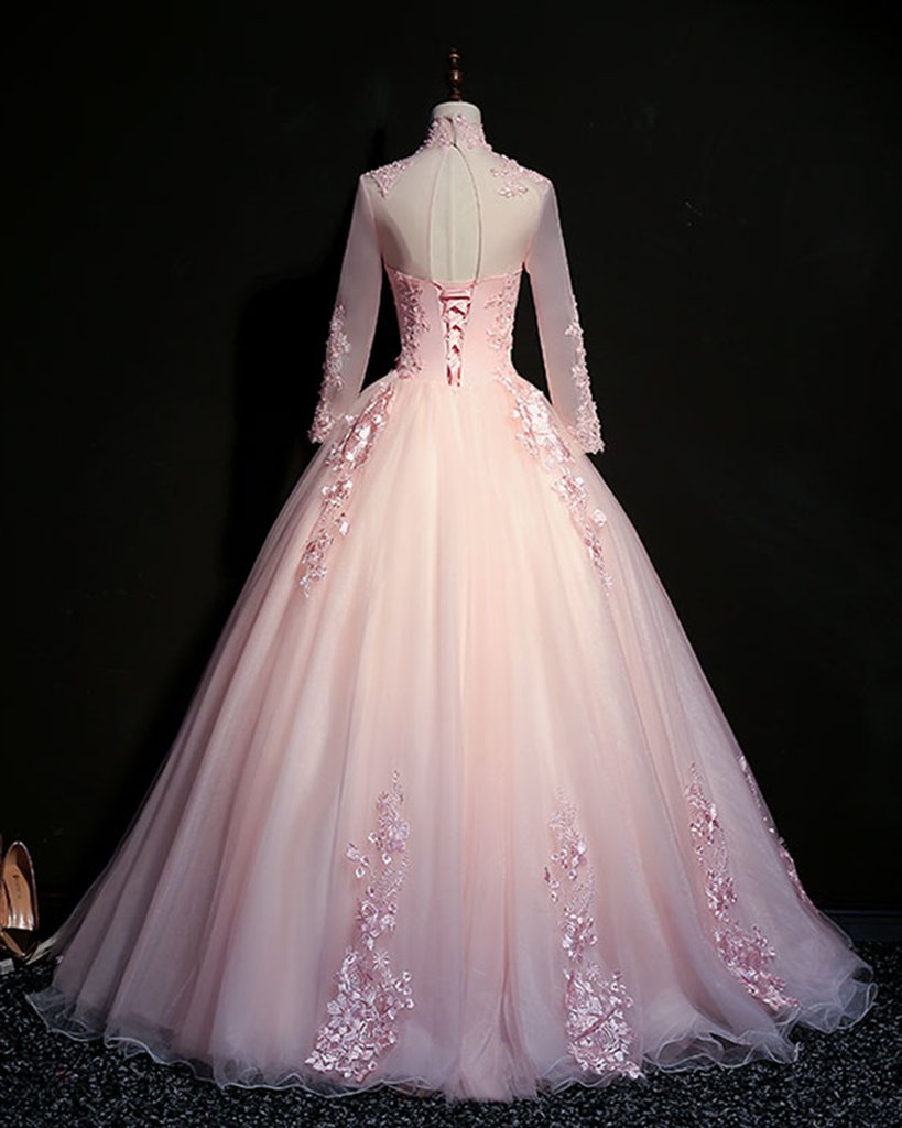 Pink tulle beaded long lace applique formal prom dress, evening dress with sleeve cg16436