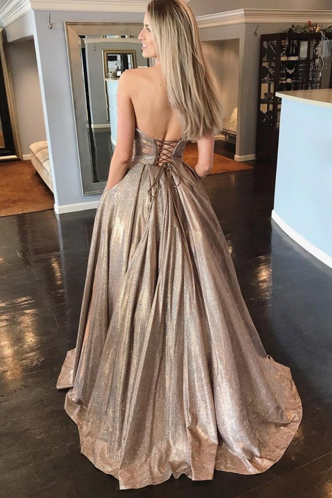 Shiny Strapless Sweetheart Neck Champagne Long Prom Dress, Golden Long Formal Evening Dress cg16456
