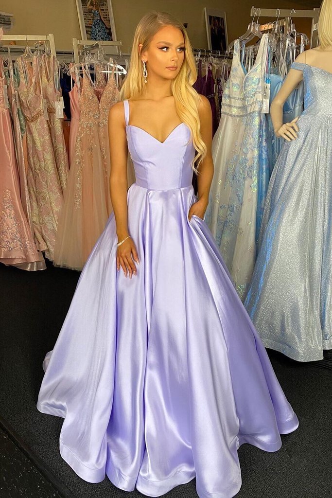 A Line V Neck Purple Satin Long Prom Dress with Pockets, V Neck Purple Formal Graduation Evening Dress cg16457