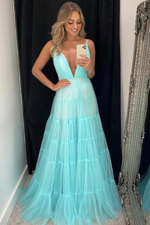 Blue v neck tulle long prom dress blue evening dress cg16496