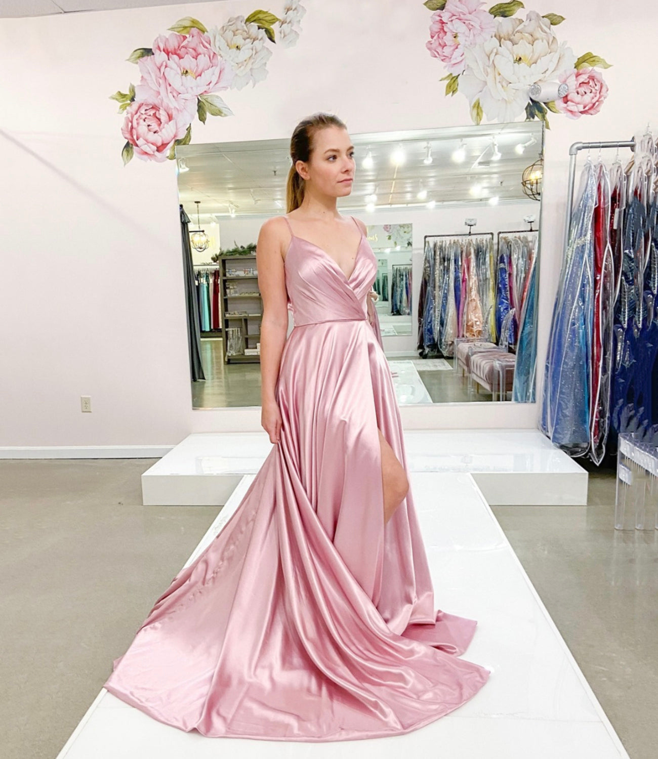 PINK SATIN LONG V NECK PROM DRESS SIMPLE EVENING DRESS cg16505
