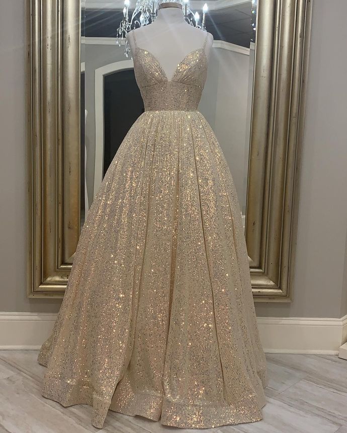 Champagne Glitter A-line Long Prom Gown cg16515