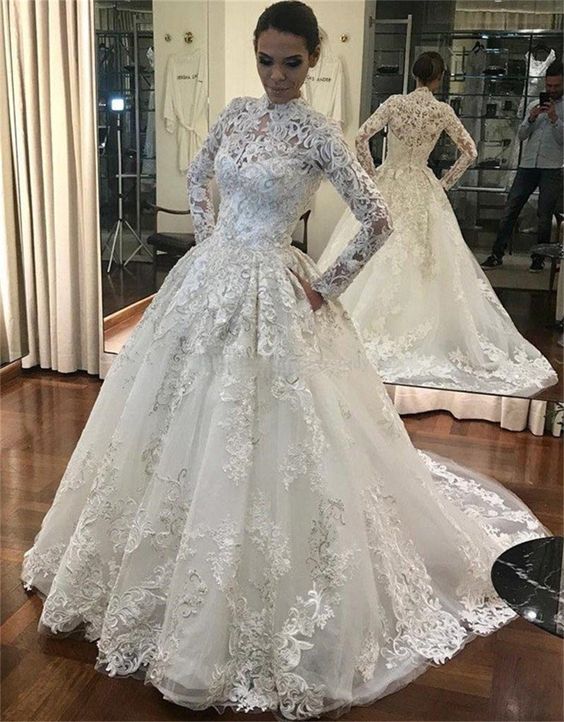 Sexy Ball Gown Appliques Lace Wedding Dress Long sleeve High Neck Embroidery Prom Dress cg16520