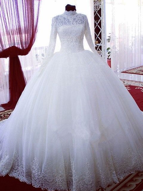 High Neck Long Sleeves Bridal Ball Gown Wedding Dresses Bridal Gowns Prom Dress cg16525