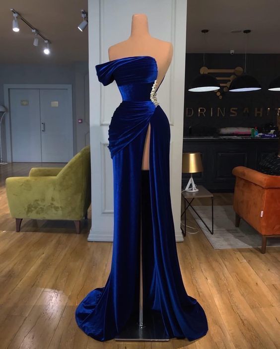 One Shoulder Royal Blue Velvet Evening prom Dress with Slit cg16533