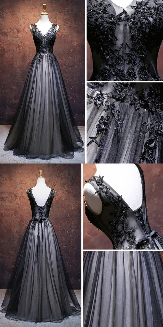 CHIC A-LINE V-NECK FLOOR LENGTH TULLE BLACK APPLIQUE LONG PROM DRESS EVENING DRESS cg16542