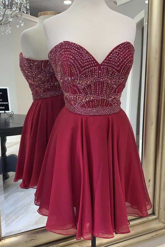 beaded sweetheart wine red chiffon short homecoming dress sweet 16 dress cg16559