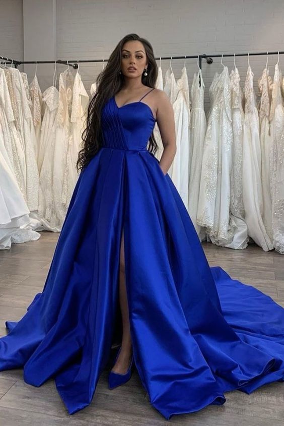 Simple blue satin long prom dress blue evening dress cg16578