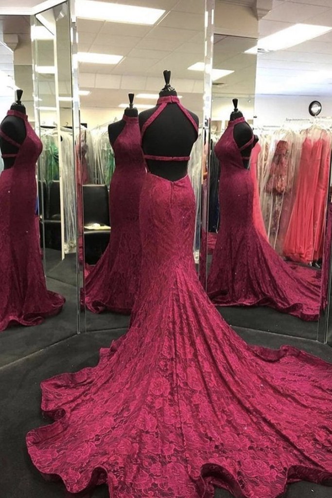 High Neck Backless Burgundy Lace long Prom Dress, Long Burgundy Lace Formal Evening Dress, Burgundy Ball Gown cg16580