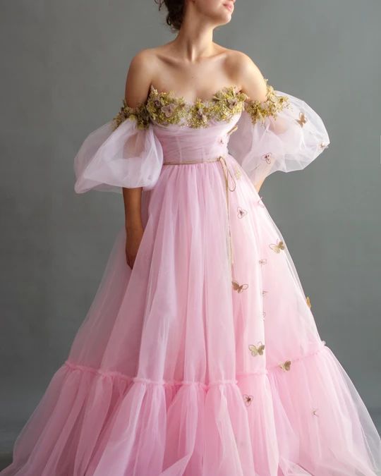 Handmade embroidered gold colored flowers and butterflies with a shiny gold waist  Prom Dress    cg16584
