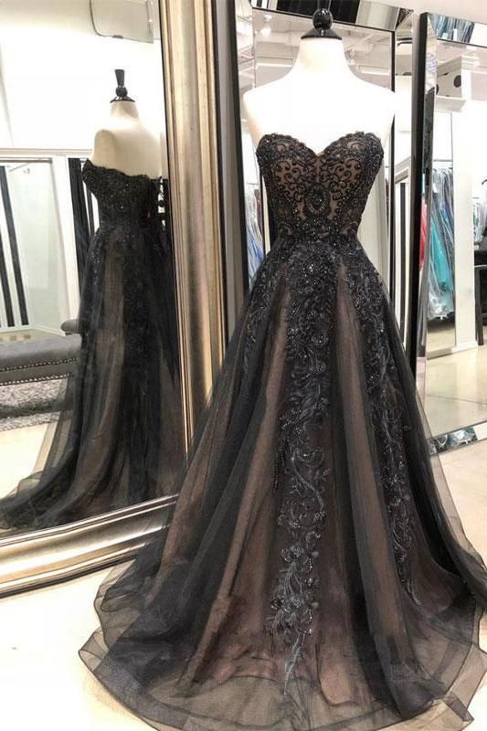 Black Sweetheart Tulle Lace Strapless Beads Prom Dresses with Lace up Evening Dresses cg16589