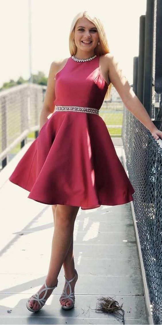 Dark Red Homecoming Dresses with Pocket Open Back Short Dress cg1661