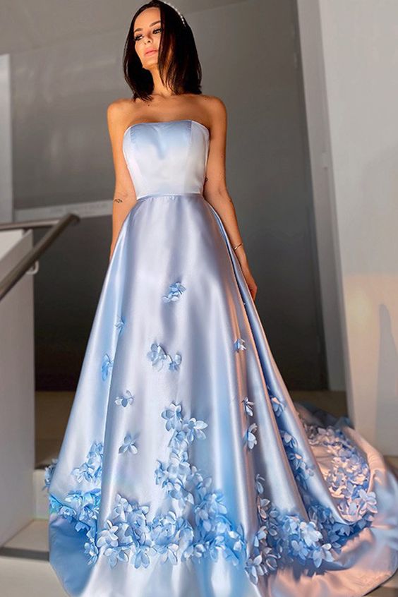 A-Line Satin Flower Strapless Sleeveless Sweep Train Prom Dresses cg16617
