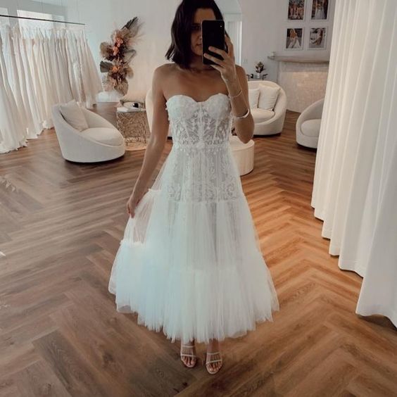 short wedding dresses 2021 lace applique sweetheart neck tea length simple cheap Prom Dress cg16629