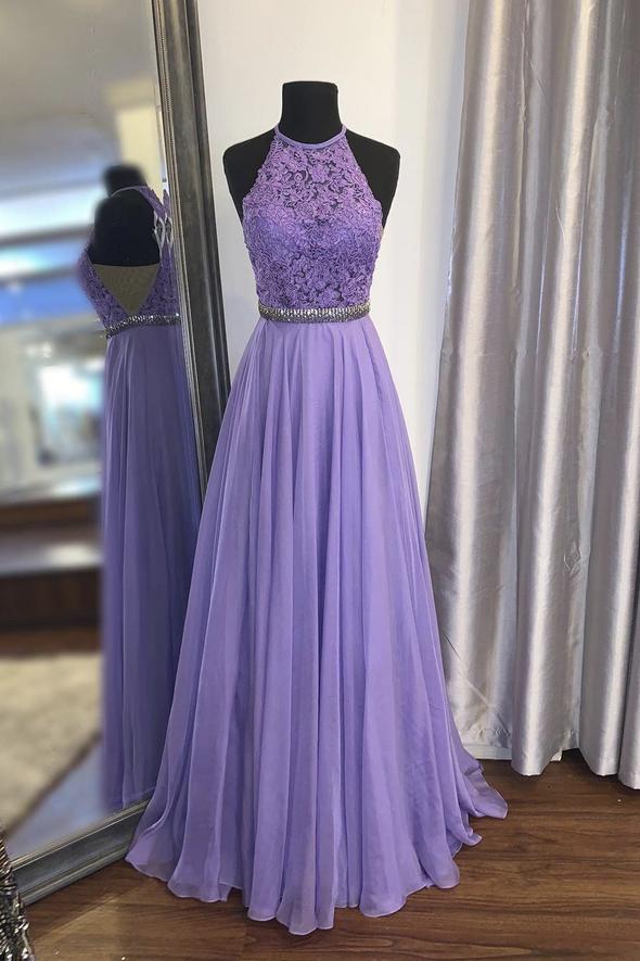 Purple A line chiffon lace prom dress evening dress cg16634