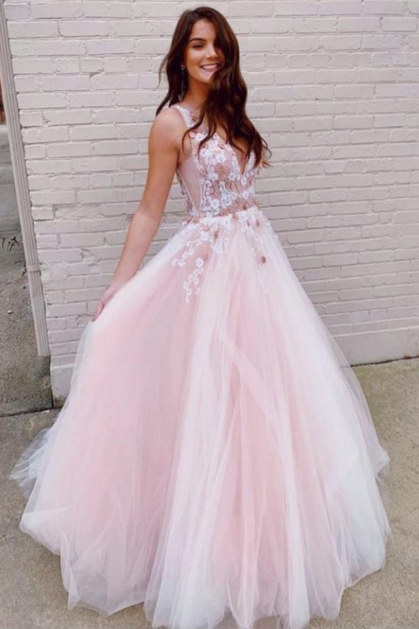 Pink v neck lace long prom dress A line evening dress cg16636
