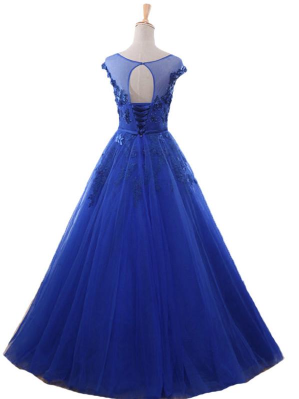 Royal Blue Ball Gown Tulle With Lace Round Cap Sleeves Prom Dress, Blue Sweet 16 Dress cg16637