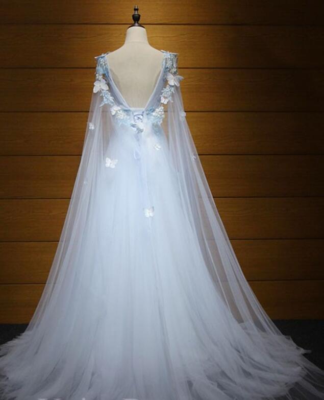 Light Blue Princess V Neck Low Back Tulle Prom Dress, Blue Evening Dress Party Dress cg16640