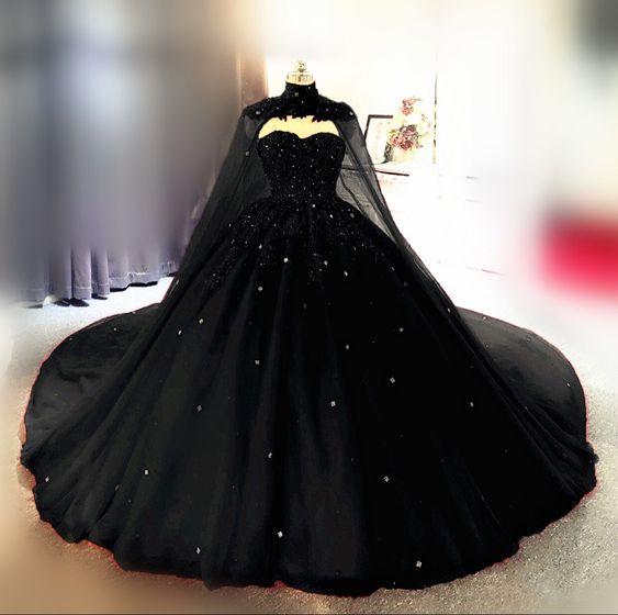 Vintage gothic style Black Quinceanera dresses ball gown with cape prom dresses cg16667