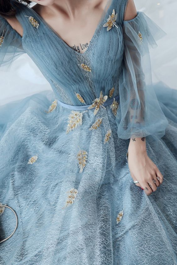 Dusty Blue Lace Appliqued Tulle Long Prom Dress cg16676