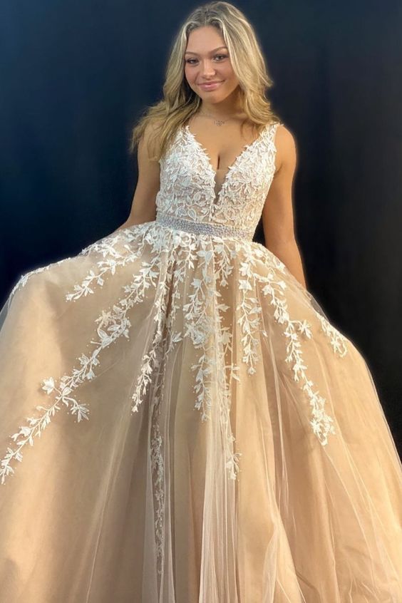 A-line ivory lace appliqued long formal dress prom dress cg16679