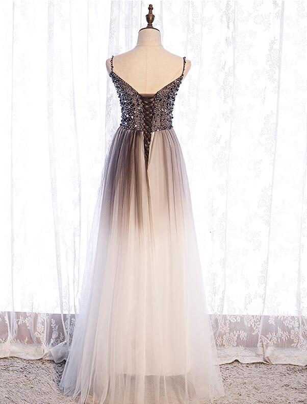 long prom dress Gradient Tulle Beaded Long Party Dress, A-Line Tulle Straps Formal Dress cg16699