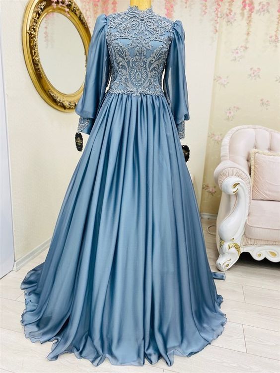 Light Blue Muslim Prom Dress Crystals High Neck Long Puffy Sleeve Saudi Arabic Evening Formal Party Gowns 2021 cg16713
