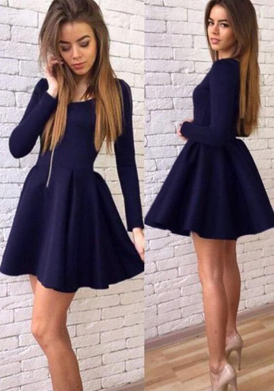 Cheap Navy Blue Long Sleeves Modest Mini Short homecoming Dress cg1672