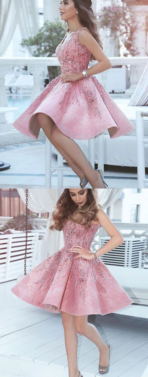 Pink v neck short dress with beading Homecoming Dress cg16742