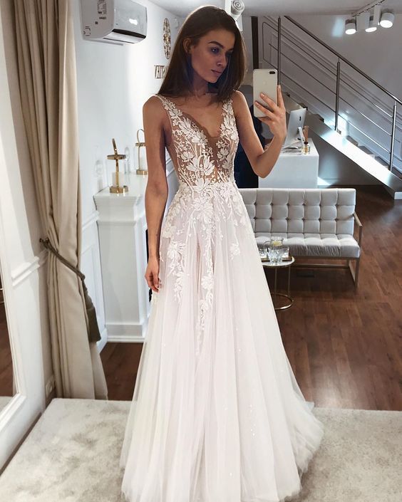 A-line V Neck Lace Prom Dress cg16754