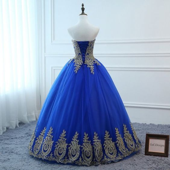 Blue Dress Long A-line Gold Applique Lace Dress Tulle Sexy Backless Women Formal Prom Dresses cg16758