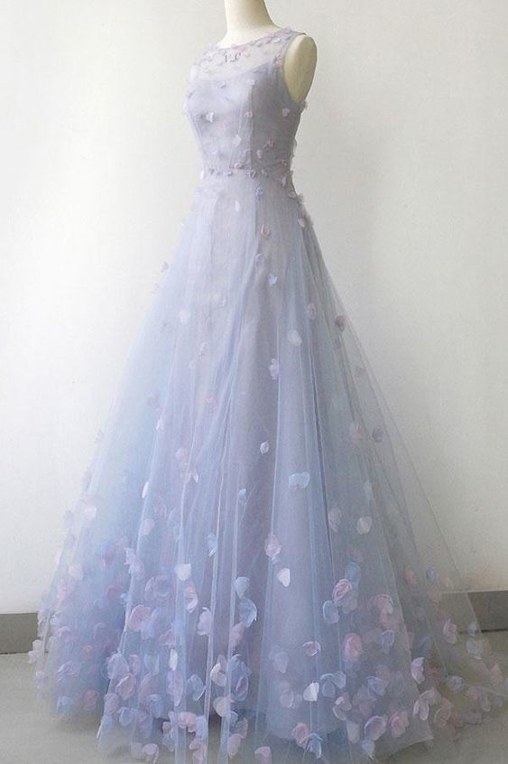 Simple Blue Gray Tulle 3D Lace Applique Long A Line Prom Dress, Halter Evening Dress cg16765