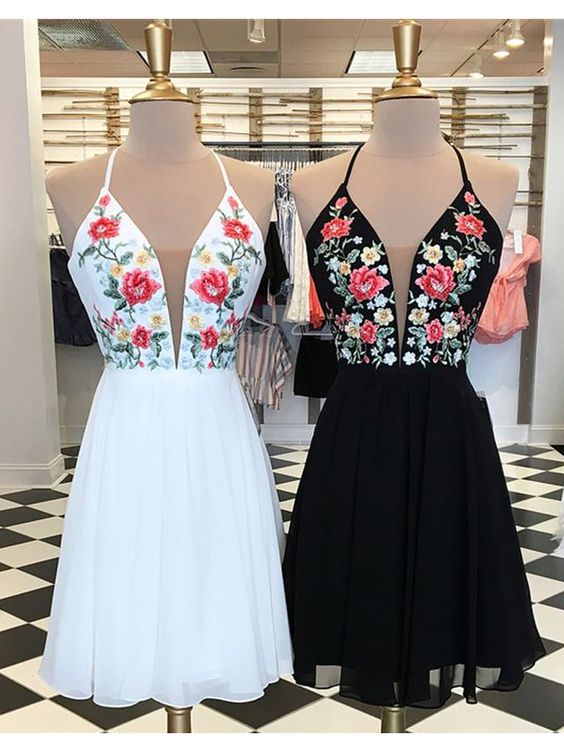 A Line V Neck Cross Back Embroidery White Short Homecoming Dresses, Flower Mini Homecoming Dresses cg16770