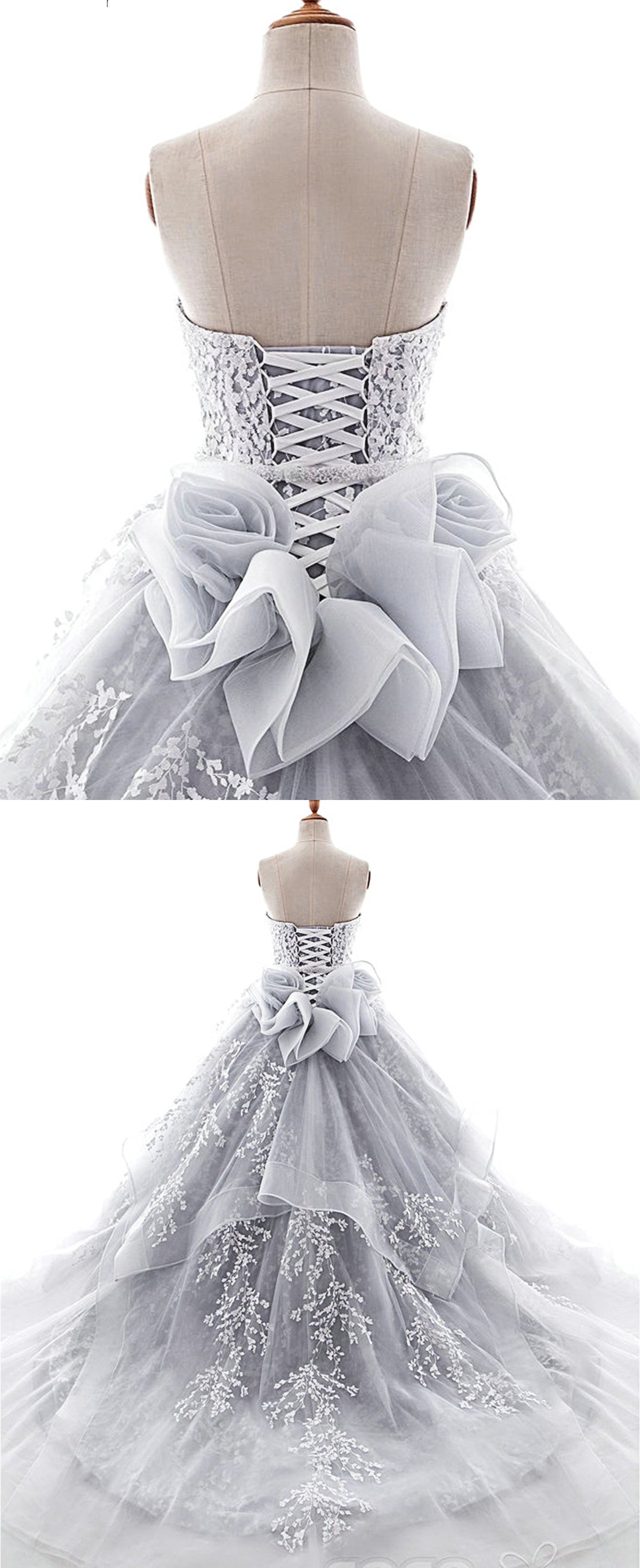 Sweetheart Neck Gray Organza Lace Applique Long Formal Prom Dress, Evening Dress cg16799