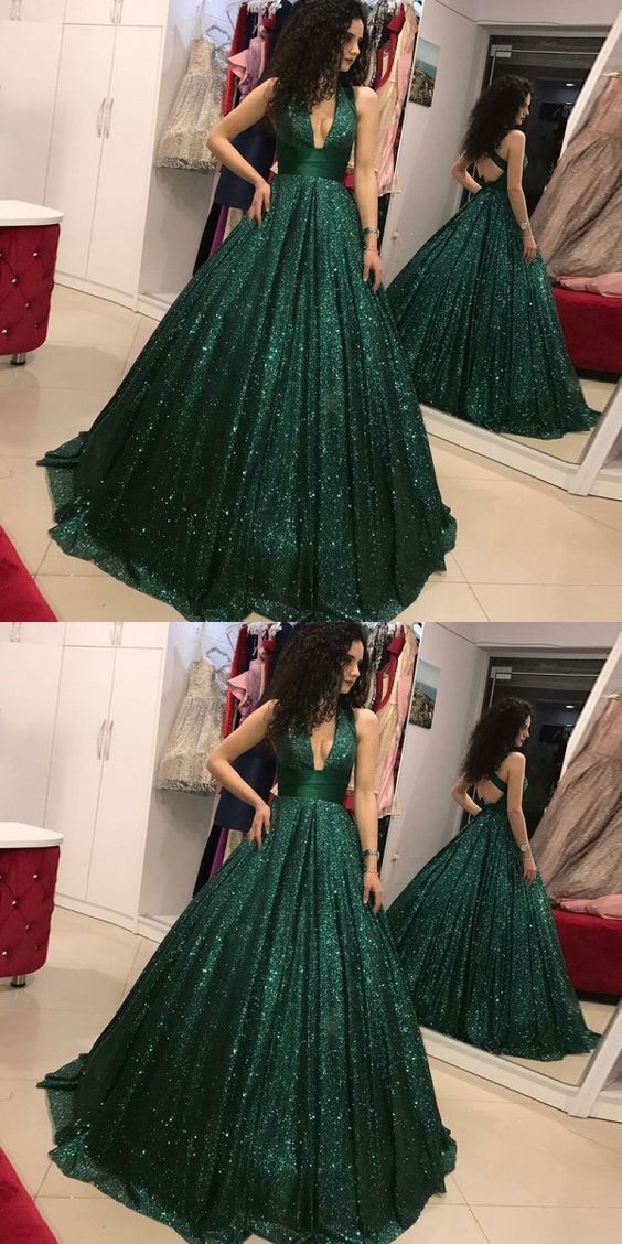 Dazzling Sparkly Sequins Green Ball Gown Plunge V neck Prom Dress Long with Cross Straps   cg16829