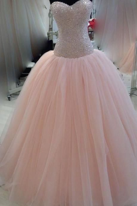 Modest Pink Quinceanera Dresses Sweetheart Beaded Bowknot Tulle Puffy Prom Formal Ball Gowns cg16837
