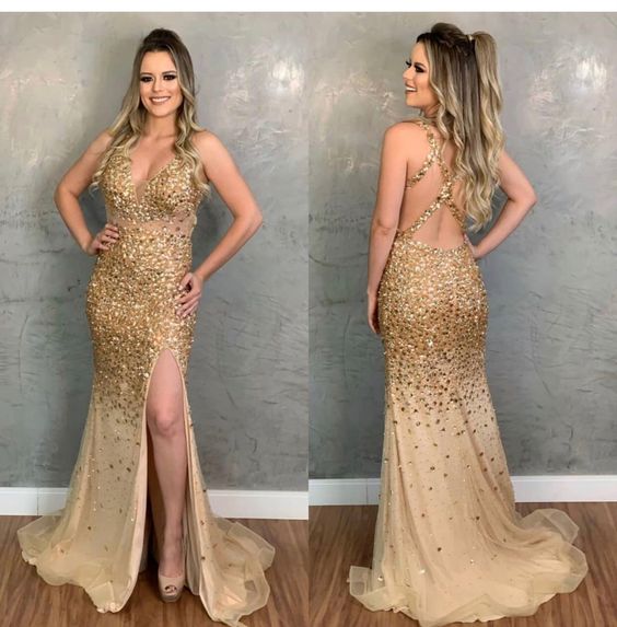 Champagne Crystal Mermaid Prom Dresses cg16838