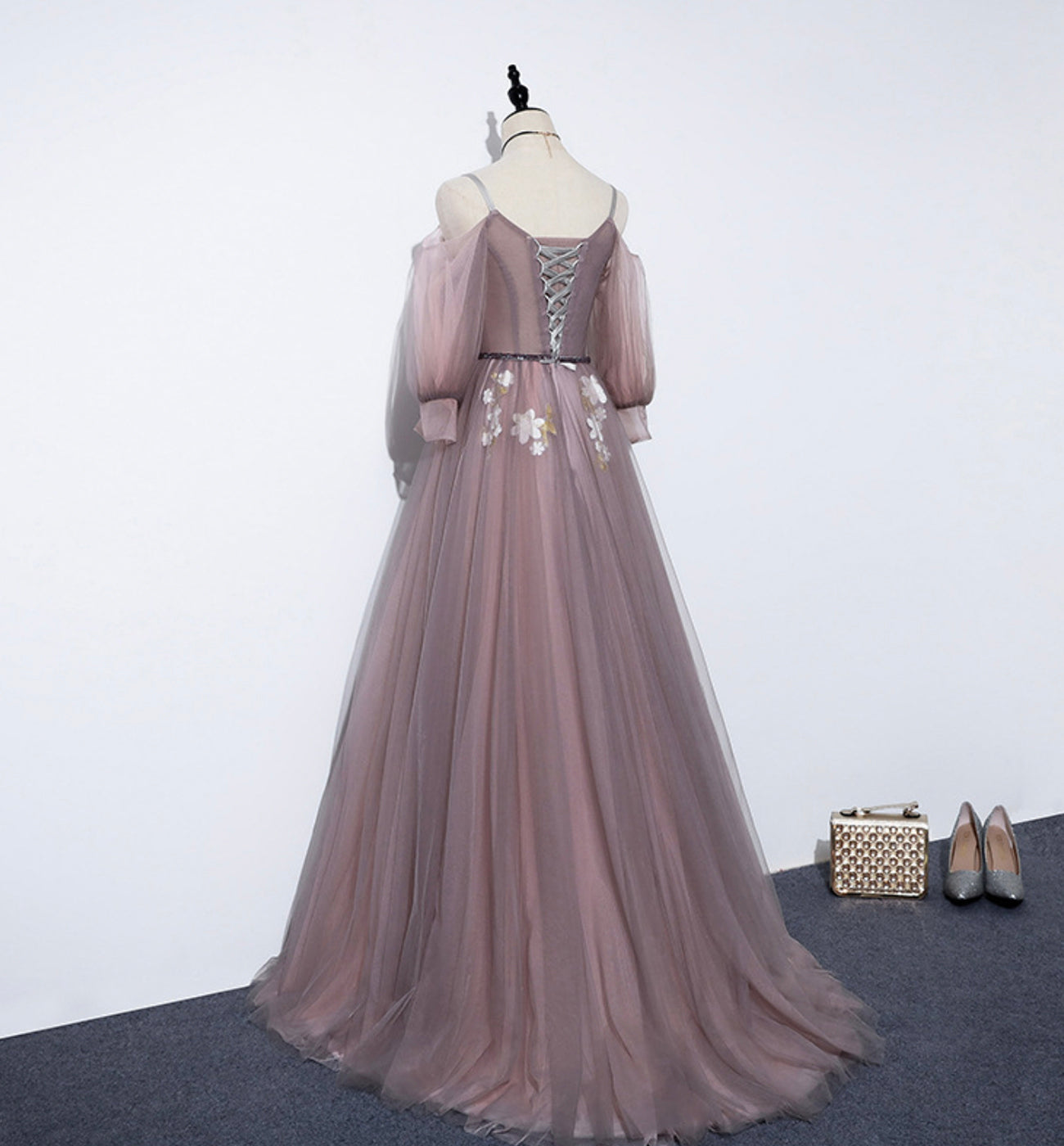 CUTE V NECK TULLE LONG A LINE PROM DRESS EVENING DRESS cg16843