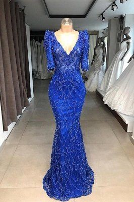 Royal blue Beaded Lace appliques 1/2 sleeve Mermaid Prom Dress cg16860