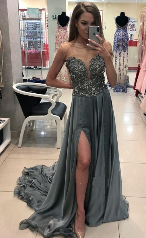 Chic Sheer Neck Gray Prom Dresses Sleeveless Beaded Chiffon Sweep Train Split Evening Dress cg16869