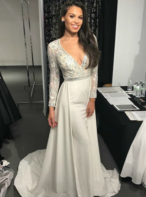 A-Line Deep V-Neck Long Sleeves White Satin Prom Dress With Beading cg16870