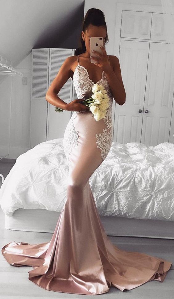 sexy spaghetti strap pink prom dress with lace appliques, bodycon mermaid pink elastic satin evening dress with lace appliques cg16872