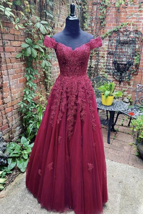 Burgundy lace long A line prom dress evening dress cg16874